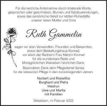 Traueranzeige von Ruth Gammelin von Märkische Oderzeitung