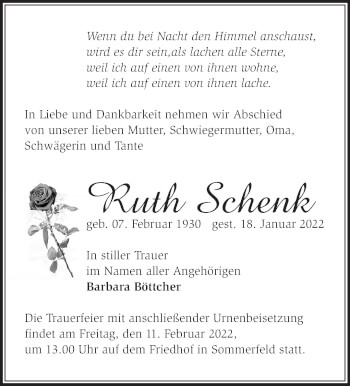 Traueranzeige von Ruth Schenk von Märkische Oderzeitung