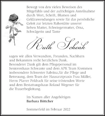 Traueranzeige von Ruth Schenk von Märkische Oderzeitung