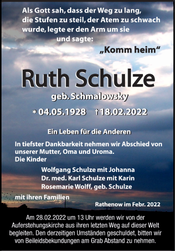 Traueranzeige von Ruth Schulze von Märkische Oderzeitung