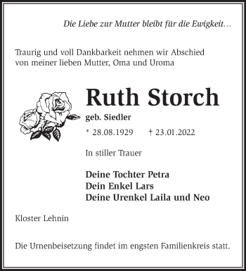 Traueranzeige von Ruth Storch von Märkische Oderzeitung