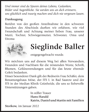 Traueranzeige von Sieglinde Baller von Märkische Oderzeitung