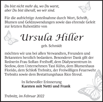 Traueranzeige von Ursula Hiller von Märkische Oderzeitung