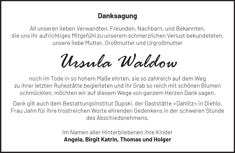  Traueranzeige für Ursula Waldow vom 12.02.2022 aus Märkische Oderzeitung