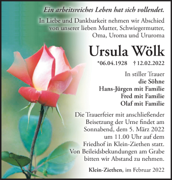 Traueranzeige von Ursula Wölk von Märkische Oderzeitung