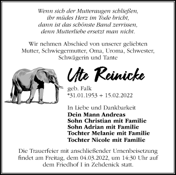 Traueranzeige von Ute Reinicke von Märkische Oderzeitung