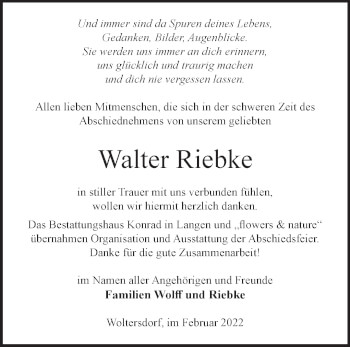 Traueranzeige von Walter Riebke von Märkische Oderzeitung