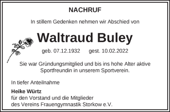 Traueranzeige von Waltraud Buley von Märkische Oderzeitung