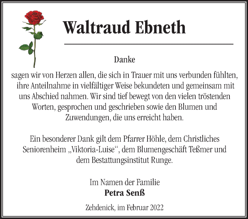  Traueranzeige für Waltraud Ebneth vom 25.02.2022 aus Märkische Oderzeitung