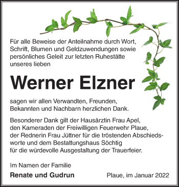 Traueranzeige von Werner Elzner von Märkische Oderzeitung