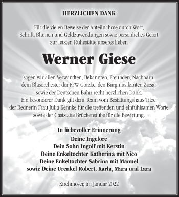 Traueranzeige von Werner Giese von Märkische Oderzeitung