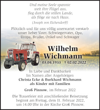 Traueranzeige von Wilhelm Wichmann von Märkische Oderzeitung