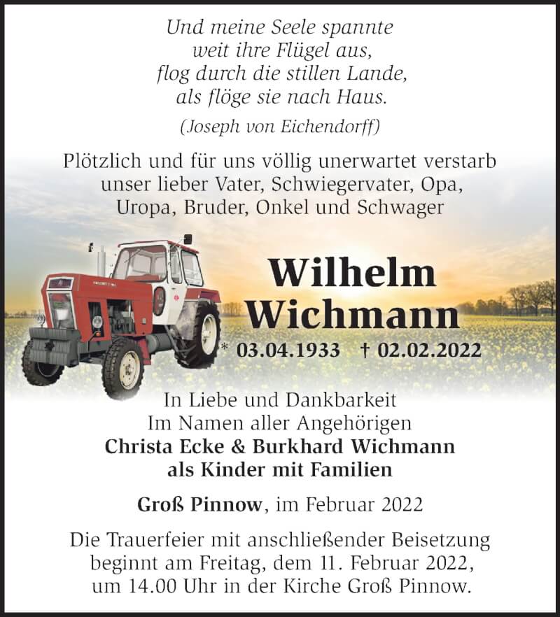  Traueranzeige für Wilhelm Wichmann vom 05.02.2022 aus Märkische Oderzeitung