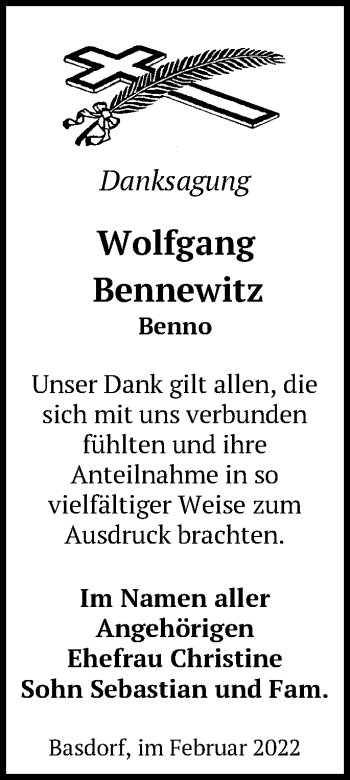 Traueranzeige von Wolfgang Bennewitz von Märkische Oderzeitung