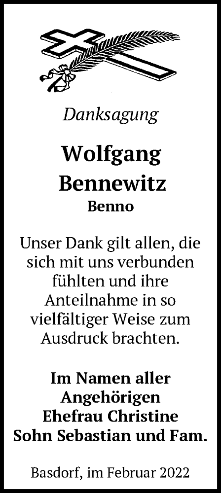  Traueranzeige für Wolfgang Bennewitz vom 20.02.2022 aus Märkische Oderzeitung