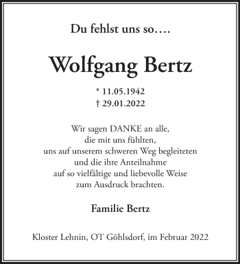 Traueranzeige von Wolfgang Bertz von Märkische Oderzeitung