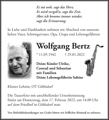 Traueranzeige von Wolfgang Bertz von Märkische Oderzeitung