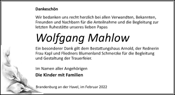 Traueranzeige von Wolfgang Mahlow von Märkische Oderzeitung