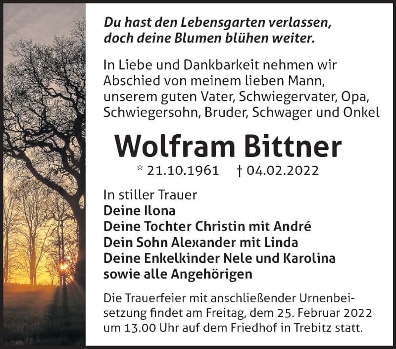  Traueranzeige für Wolfram Bittner vom 19.02.2022 aus Märkische Oderzeitung