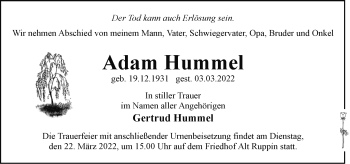 Traueranzeige von Adam Hummel von Märkische Oderzeitung