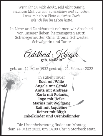 Traueranzeige von Adelheid Krüger von Märkische Oderzeitung