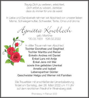 Traueranzeige von Agnitta Knobloch von Märkische Oderzeitung