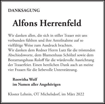 Traueranzeige von Alfons Herrenfeld von Märkische Oderzeitung