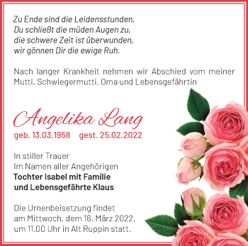 Traueranzeige von Angelika Lang von Märkische Oderzeitung