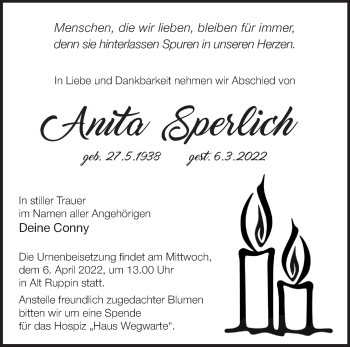 Traueranzeige von Anita Sperlich von Märkische Oderzeitung