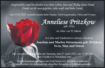 Traueranzeige von Anneliese Pritzkow von Märkische Oderzeitung