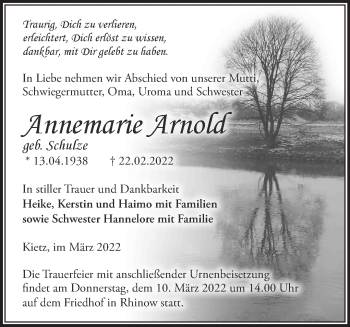 Traueranzeige von Annemarie Arnold von Märkische Oderzeitung