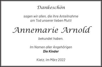 Traueranzeige von Annemarie Arnold von Märkische Oderzeitung