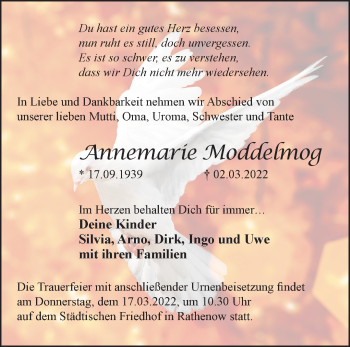Traueranzeige von Annemarie Moddelmog von Märkische Oderzeitung
