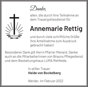 Traueranzeige von Annemarie Rettig von Märkische Oderzeitung