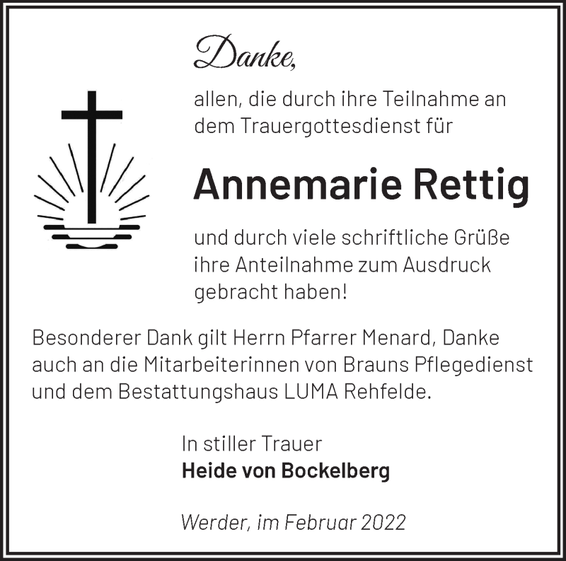  Traueranzeige für Annemarie Rettig vom 12.03.2022 aus Märkische Oderzeitung