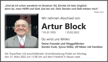 Traueranzeige von Artur Block von Märkische Oderzeitung