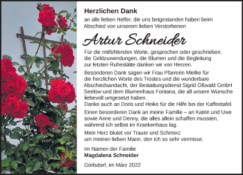 Traueranzeige von Artur Schneider von Märkische Oderzeitung