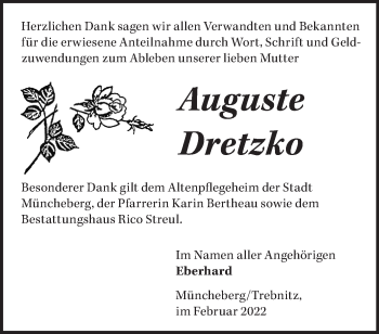 Traueranzeige von Auguste Dretzko von Märkische Oderzeitung