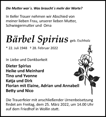Traueranzeige von Bärbel Spirius von Märkische Oderzeitung