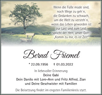 Traueranzeige von Bernd Friemel von Märkische Oderzeitung