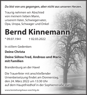 Traueranzeige von Bernd Kinneman von Märkische Oderzeitung