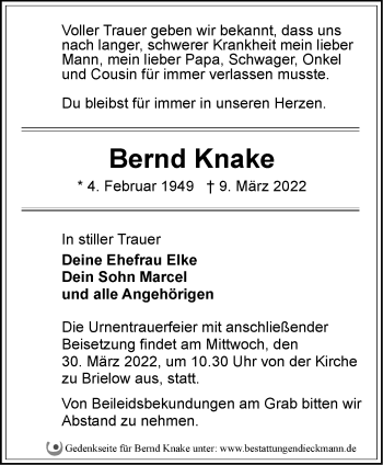 Traueranzeige von Bernd Knake von Märkische Oderzeitung