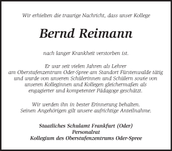 Traueranzeige von Bernd Reimann von Märkische Oderzeitung