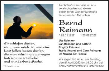 Traueranzeige von Bernd Reimann von Märkische Oderzeitung
