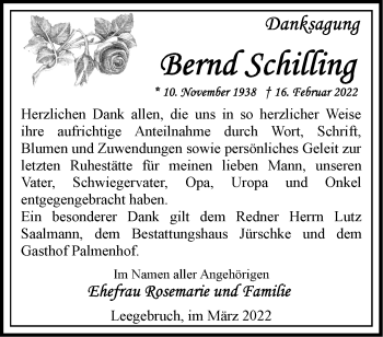 Traueranzeige von Bernd Schilling von Märkische Oderzeitung