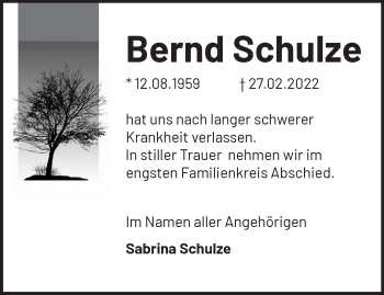 Traueranzeige von Bernd Schulze von Märkische Oderzeitung