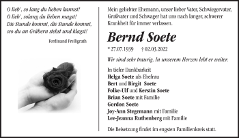 Traueranzeige von Bernd Soete von Märkische Oderzeitung