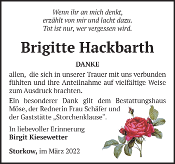 Traueranzeige von Brigitte Hackbarth von Märkische Oderzeitung