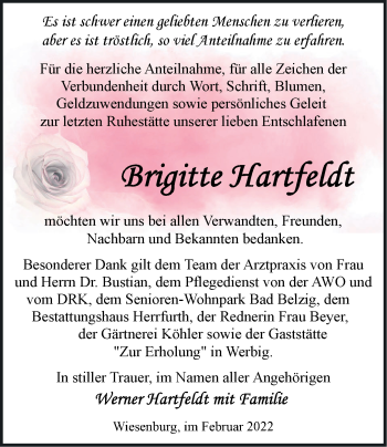 Traueranzeige von Brigitte Hartfeldt von Märkische Oderzeitung