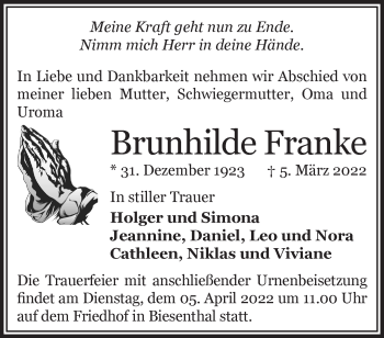 Traueranzeige von Brunhilde Franke von Märkische Oderzeitung